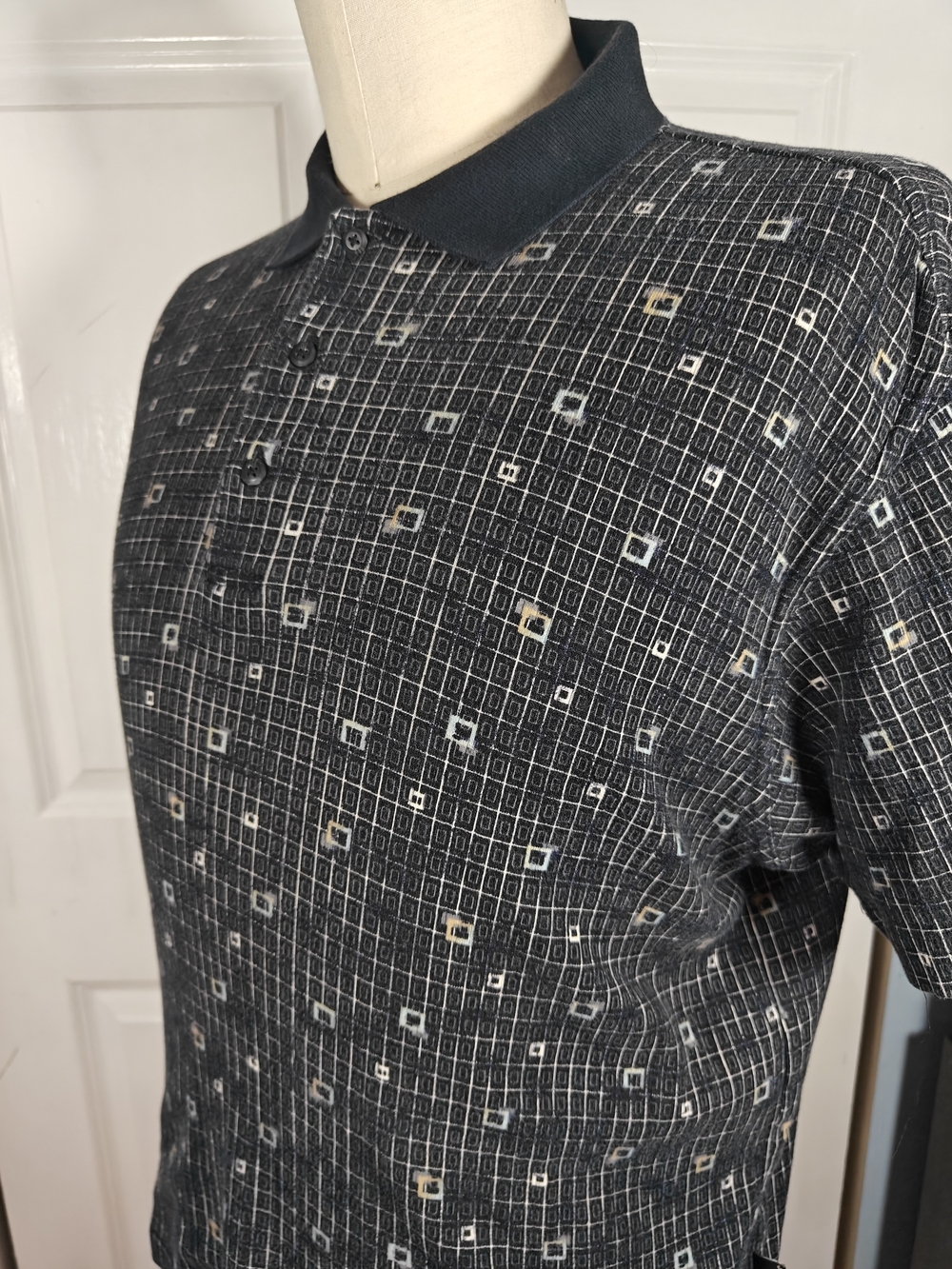 Vintage John Henry Geometric Grid Polo Mens Medium Black Gray Mod Abstract